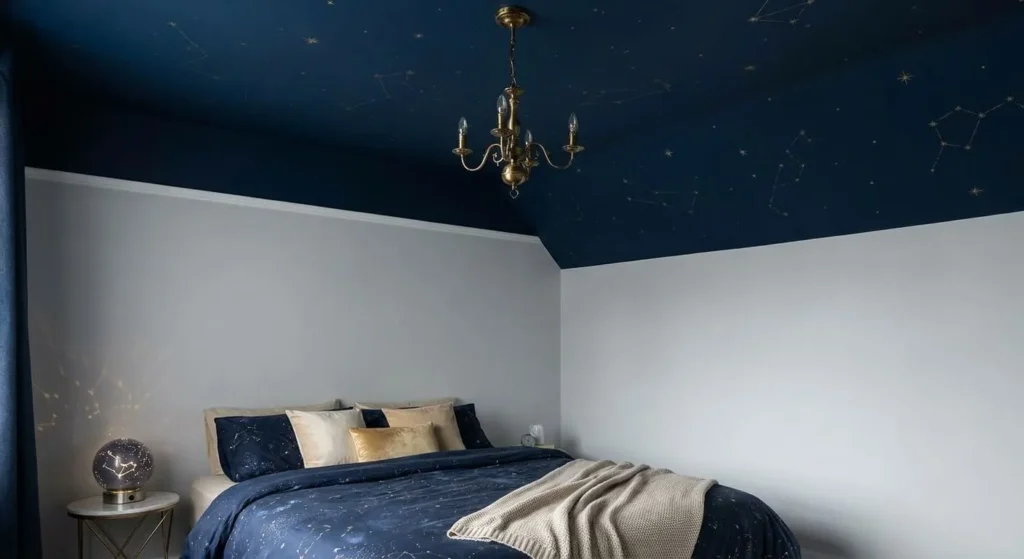 A bedroom with a deep blue ceiling painted with faint gold stars and constellations, and a vintage brass chandelier.
