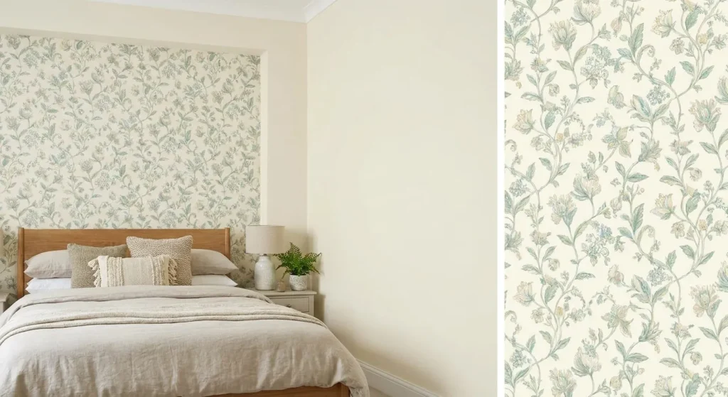 A bedroom with a feature wall of soft green, blue, and cream botanical wallpaper with a trailing vine pattern.