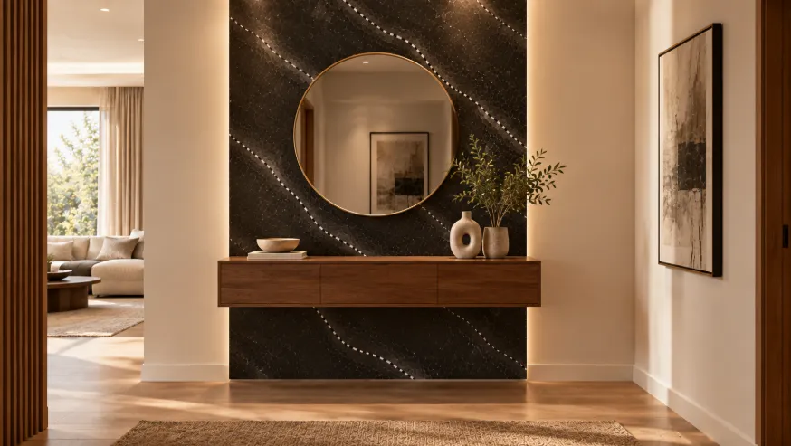Narrow charcoal marble wall panel behind a floating walnut console with a round mirror and small decor.