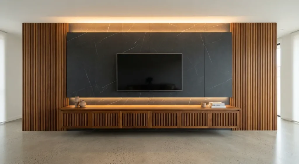 A modern living room feature wall combining a central dark charcoal
stone marble UV PVC wall panel with warm teak wood slat paneling and a floating
teak console.
