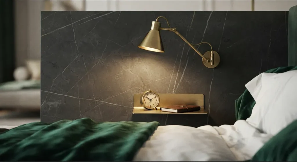  A detailed view of a dark charcoal stone marble UV PVC wall panel in
a bedroom, accented with a brass wall lamp and a floating brass shelf holding
small items.
