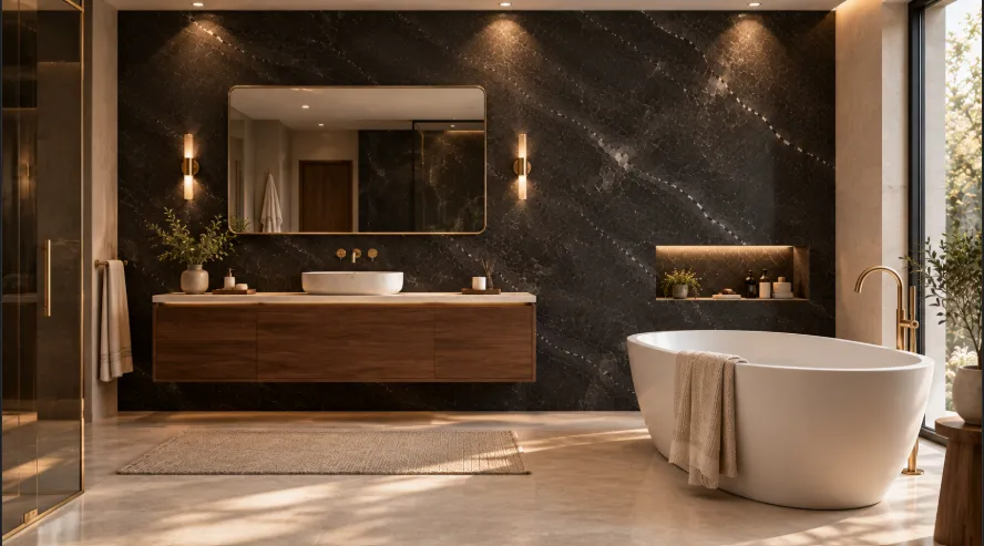  Modern bathroom with dark charcoal marble walls, a walnut vanity, gold fixtures, and a freestanding bathtub.