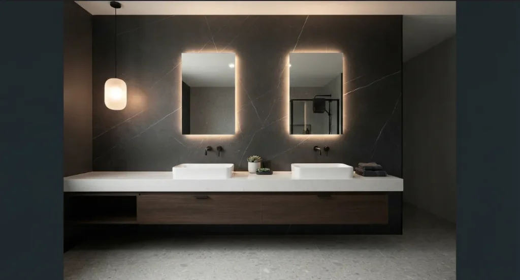 A modern bathroom vanity wall completely covered in a dark charcoal
stone marble UV PVC wall panel, featuring a floating dark oak vanity, two
backlit mirrors, and matte black faucets
