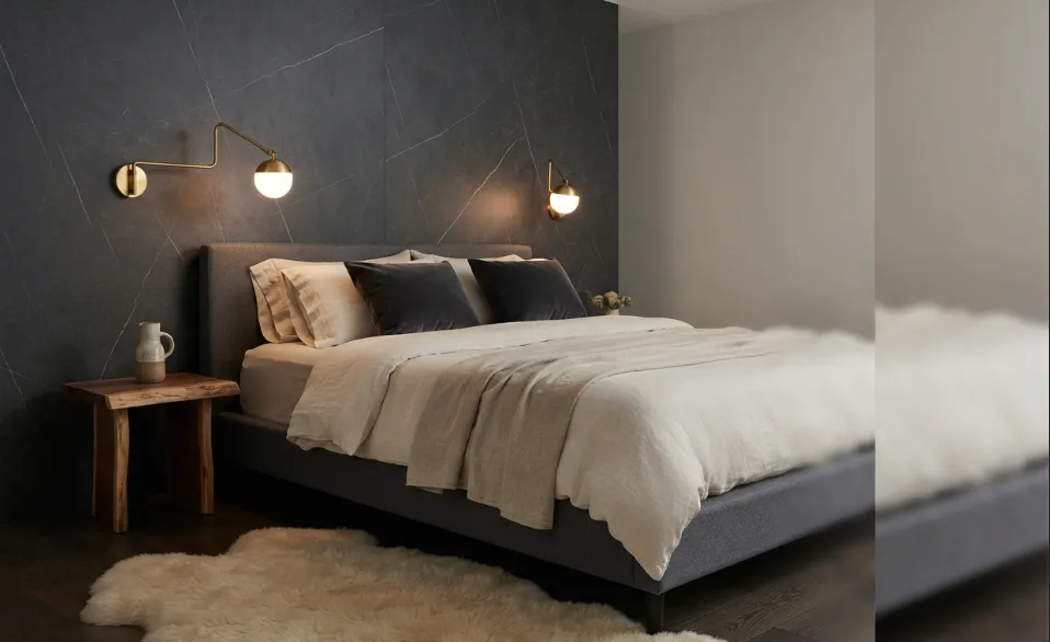 A modern bedroom featuring a floor-to-ceiling dark charcoal stone
marble UV PVC accent wall behind a queen bed with cream linen bedding and brass
wall sconces.
