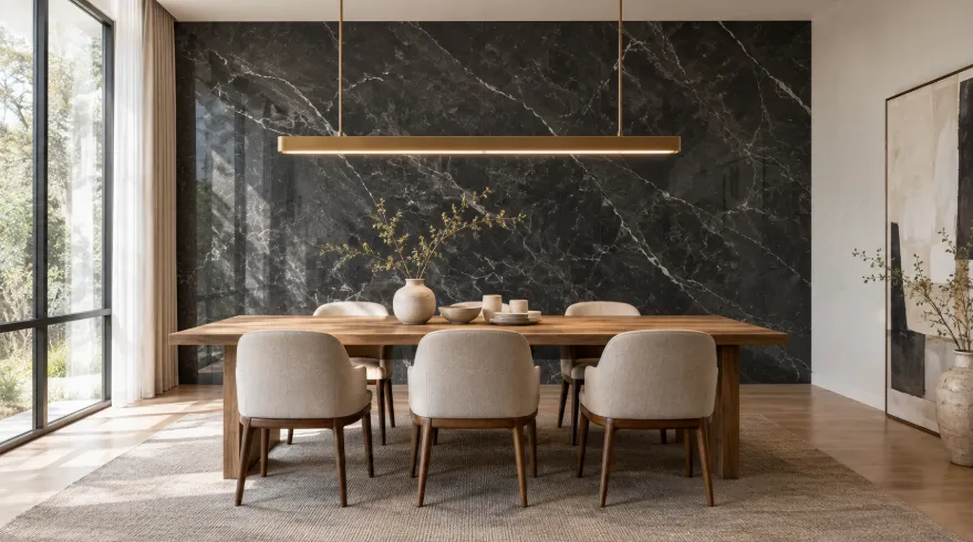 Modern dining room with a dark charcoal marble wall panel behind an oak table and six beige upholstered chairs.