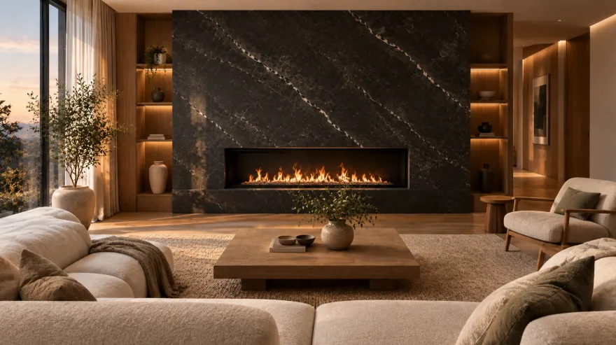 Modern living room with a fireplace set into a dark charcoal marble feature wall, cream sofa, oak table, and neutral rug.