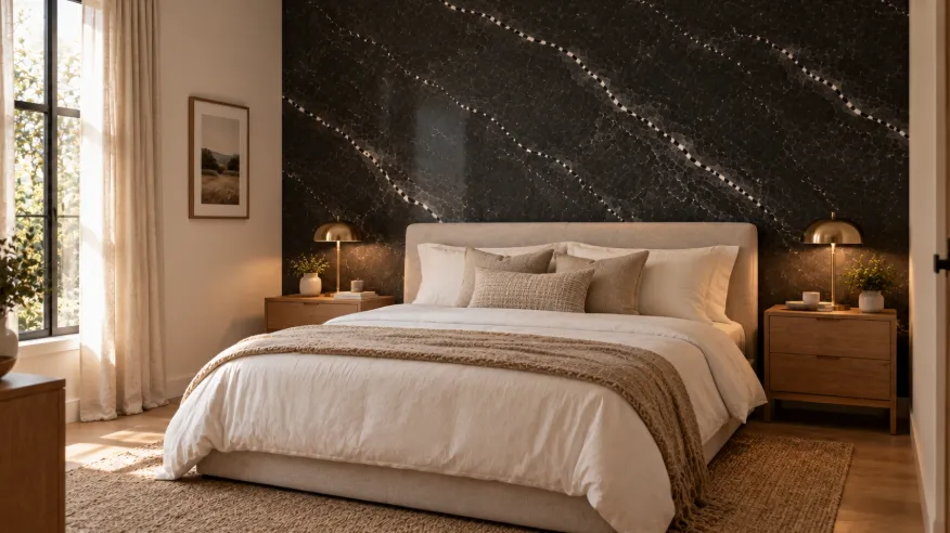 Guest bedroom with a dark charcoal marble wall behind a neatly made bed, cream bedding, oak nightstands, and brass lamps.