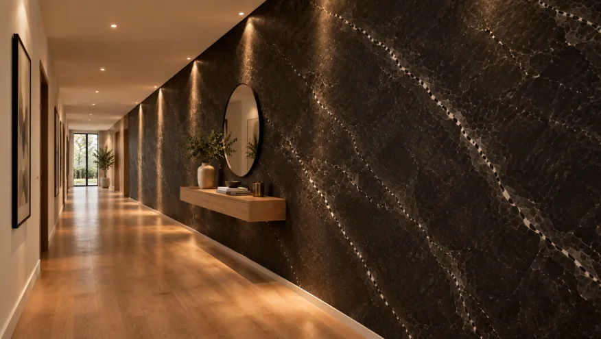 Modern hallway with a continuous dark charcoal marble wall panel, warm recessed lights, oak flooring, and a floating console.