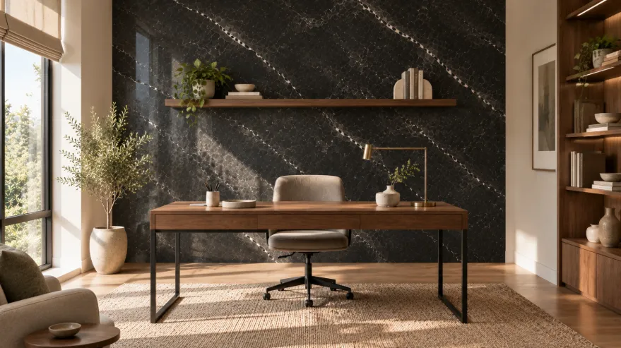 Modern home office with a dark charcoal marble wall, walnut desk, grey chair, brass lamp, and floating wood shelf.