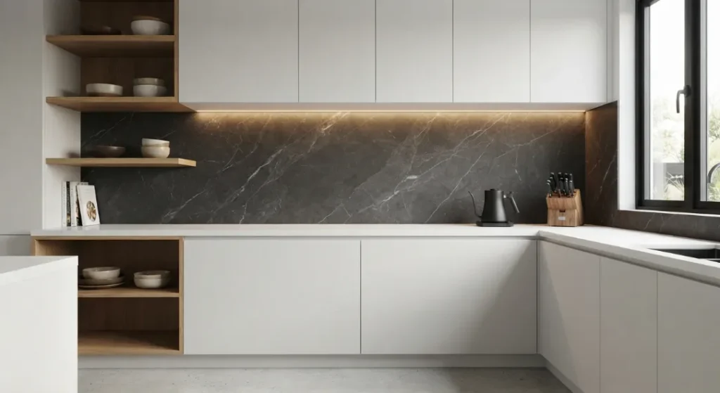 Charcoal Marble Kitchen Backsplash Wall with Warm Lighting