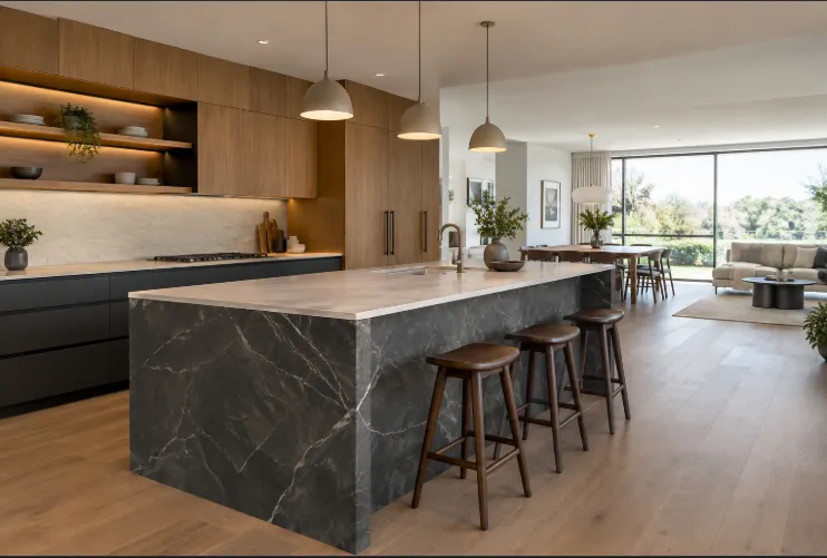 Modern open-plan kitchen island with a dark charcoal marble UV PVC panel, pale countertop, wood stools, and warm pendant lights.
