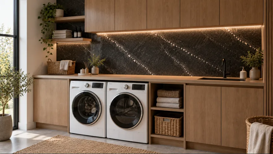 Contemporary laundry room with a dark charcoal marble wall panel, white appliances, oak countertop, and storage cabinets.
