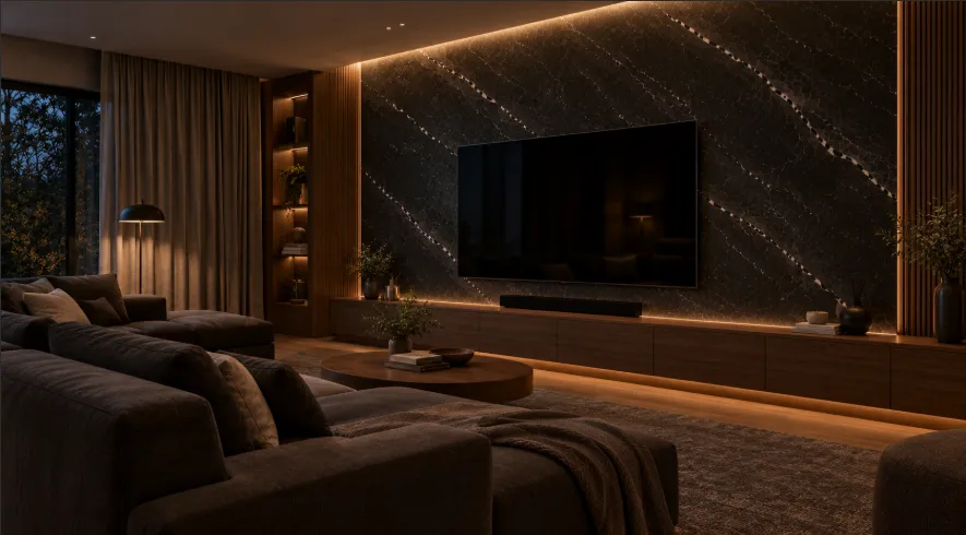 Modern media room with a dark charcoal marble wall behind a television, sectional sofa, walnut cabinet, and soft lighting.