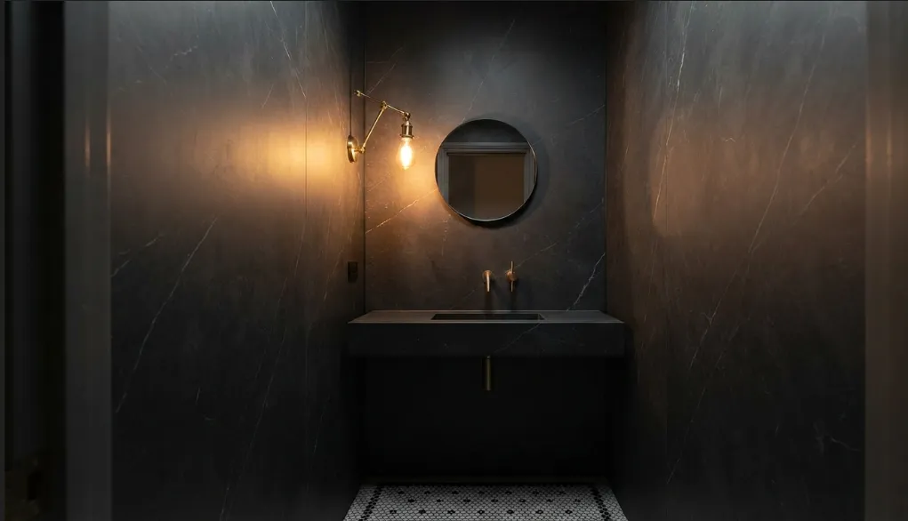 A small, atmospheric powder room completely clad in dark charcoal
stone marble UV PVC wall panels, featuring a round mirror, a floating stone
basin, and a warm brass wall light.
