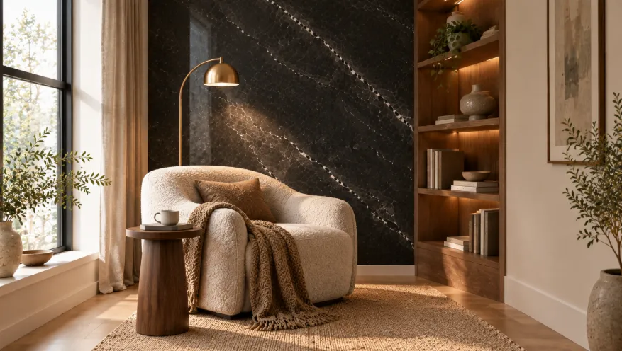 Cozy reading nook with a charcoal marble wall panel, cream lounge chair, walnut side table, brass lamp, and neutral rug.