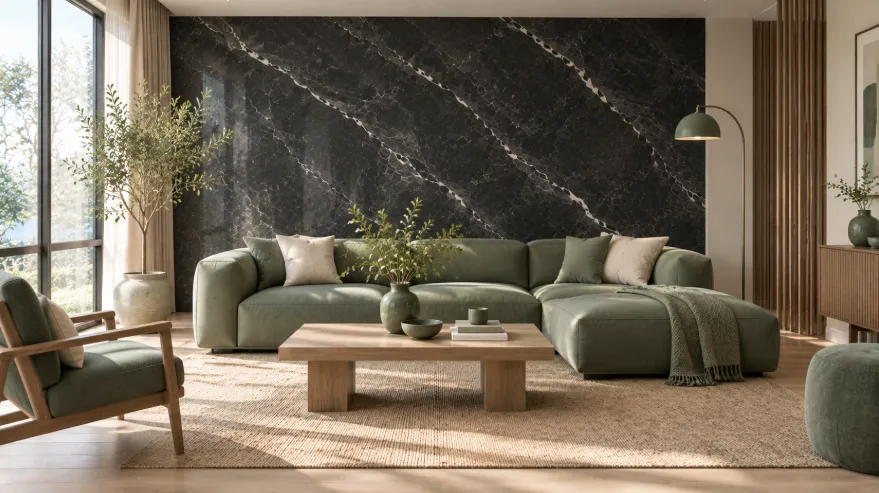 Modern living room with a dark charcoal marble wall, sage green sofa, cream cushions, light oak table, and plants.
