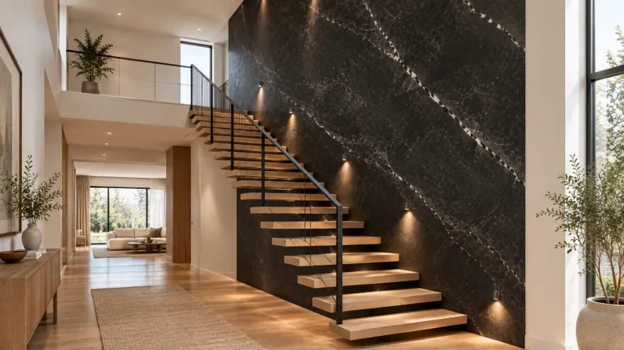 Contemporary staircase beside a tall dark charcoal marble wall panel with light oak steps and recessed lighting.
