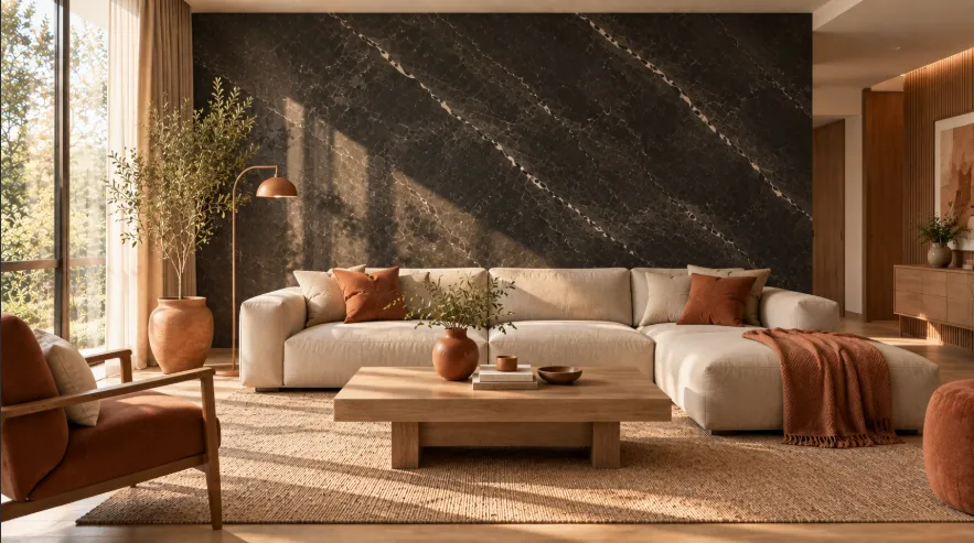 Modern living room with a dark charcoal marble wall, beige sofa, terracotta cushions, ceramic vase, and oak table.