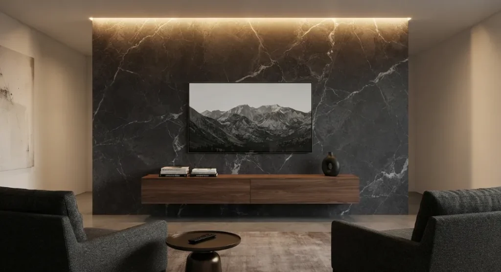  A modern living room with a dark charcoal stone marble UV PVC wall
panel behind a wall-mounted TV and a floating walnut media console.