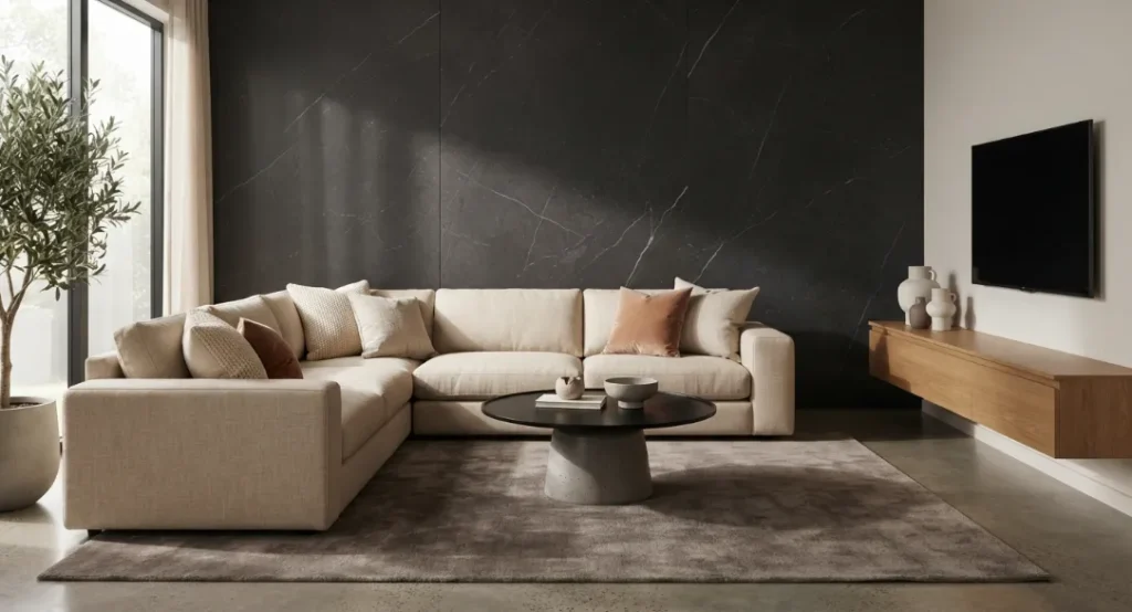 A cozy living room featuring a dark charcoal stone marble UV PVC
accent wall behind a large, comfortable L-shaped beige sofa.
