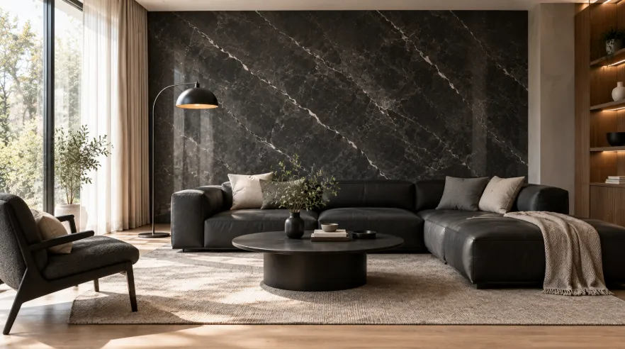 Modern living room with a dark charcoal marble wall, black sofa, black coffee table, pale oak floor, and neutral rug.