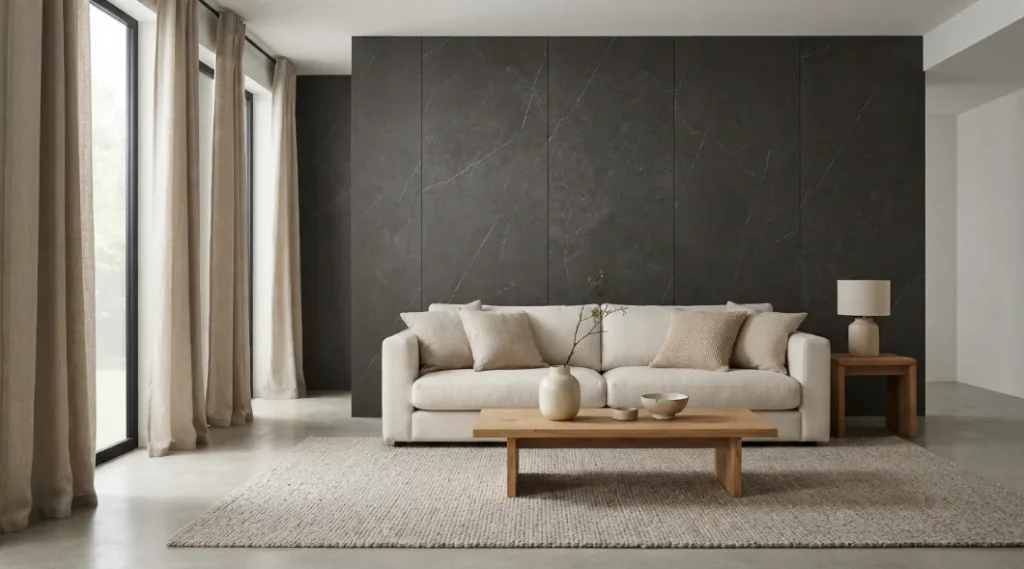 Calm modern living room with a dark charcoal marble wall, cream sofa, beige curtains, oak furniture, and neutral textiles.