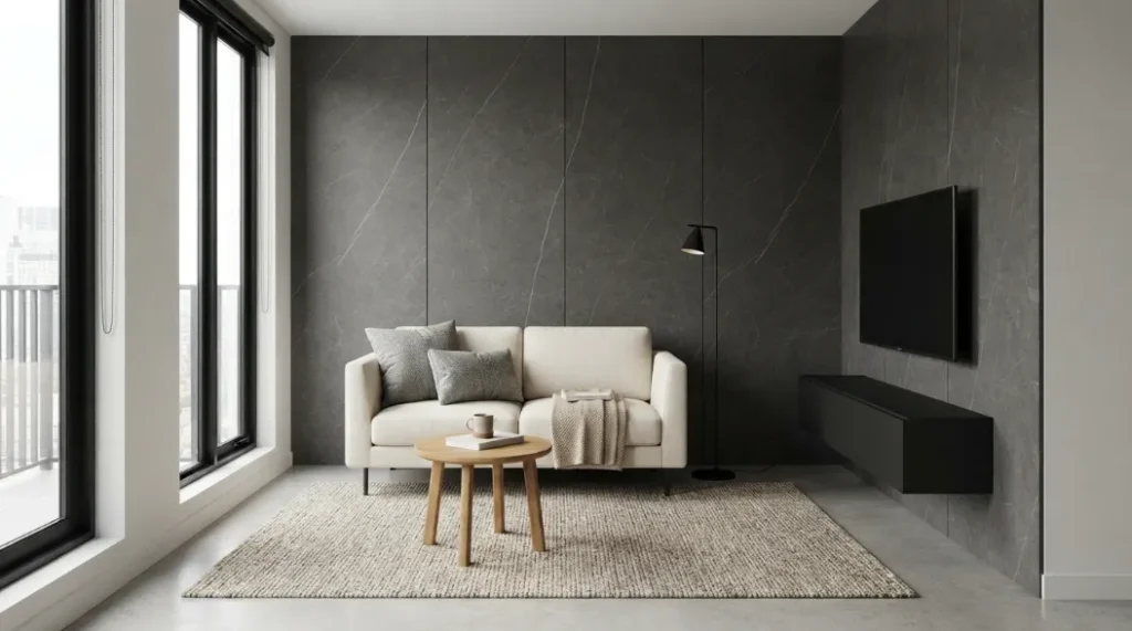 Compact apartment living room with a dark charcoal marble feature wall, cream loveseat, wall-mounted TV, and oak table