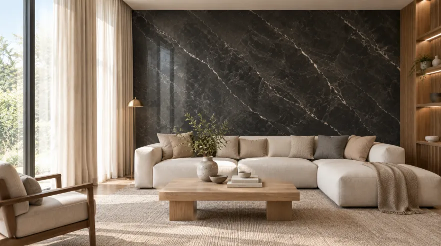 Modern living room with a dark charcoal marble wall, cream linen curtains, a beige sofa, and light oak furniture.
