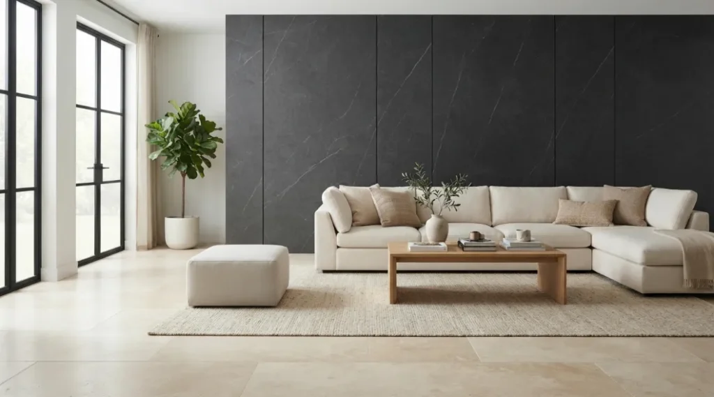 Modern living room with a dark charcoal marble wall, cream stone flooring, cream sofa, and light oak coffee table.
