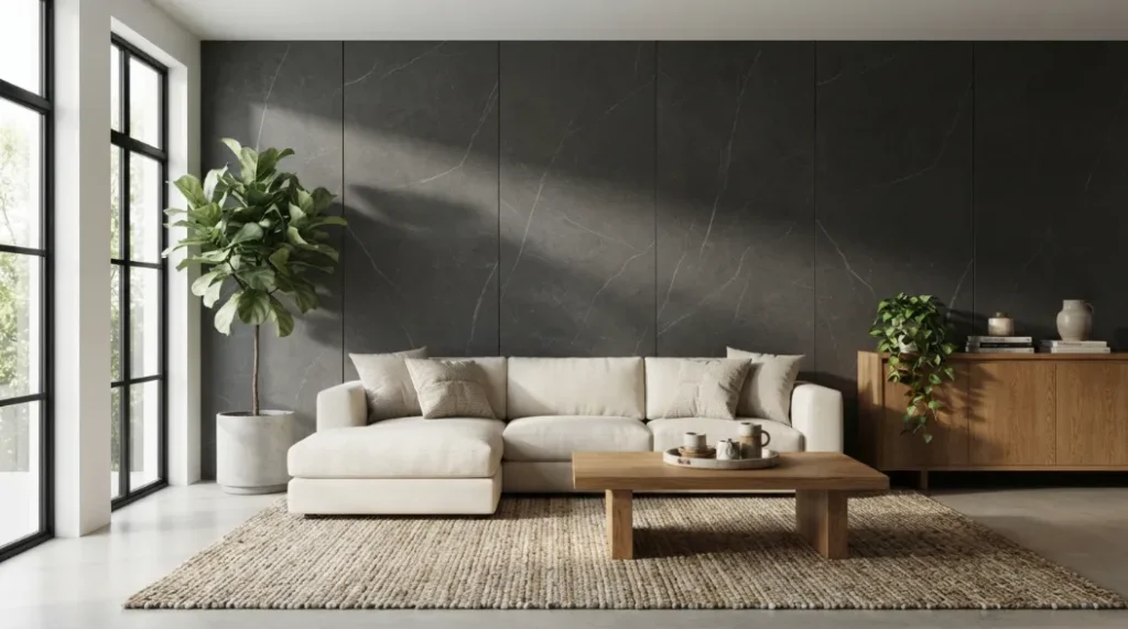 Modern living room with a dark charcoal marble wall, cream sofa, warm wood furniture, and leafy indoor plants.