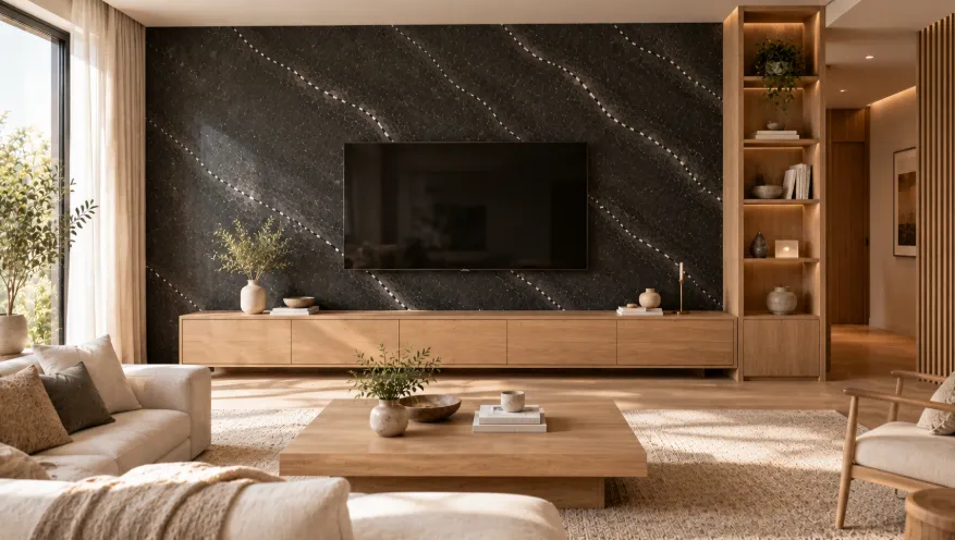 Modern living room with a dark charcoal marble wall, light oak furniture, cream sofa, and neutral textured rug.