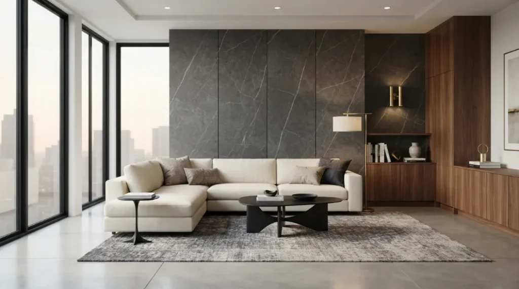 Upscale apartment living room with a floor-to-ceiling dark charcoal marble wall, cream sectional, walnut furniture, and city windows