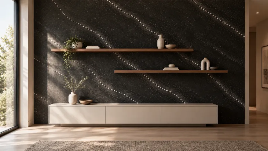 Minimalist charcoal marble wall with slim walnut shelves, neutral ceramics, and a low cream console.