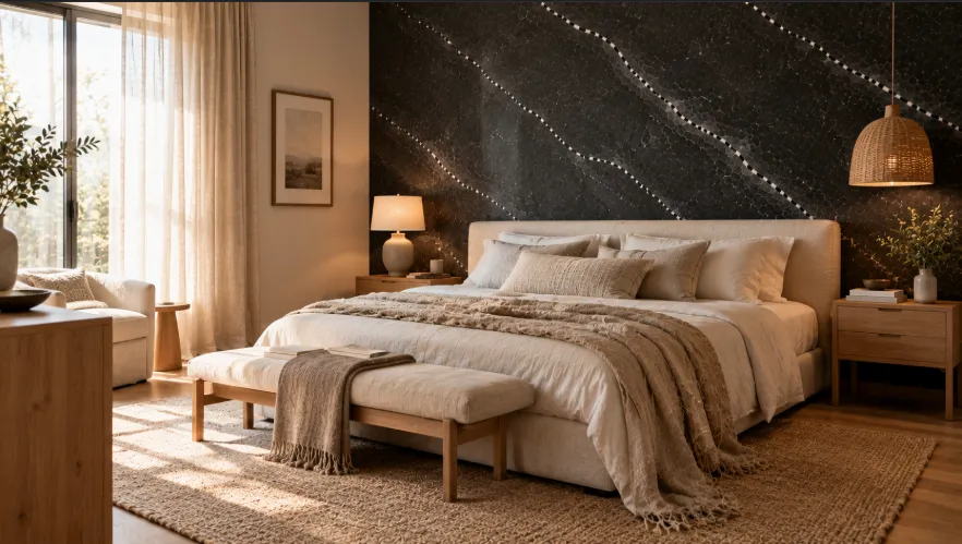 Calm interior with a dark charcoal marble wall, natural linen upholstery, cream textiles, light oak furniture, and soft daylight.