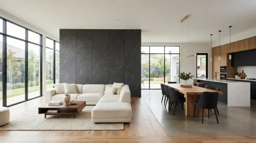 Open-plan home with a dark charcoal marble feature wall defining the living area beside a warm oak kitchen and dining space.