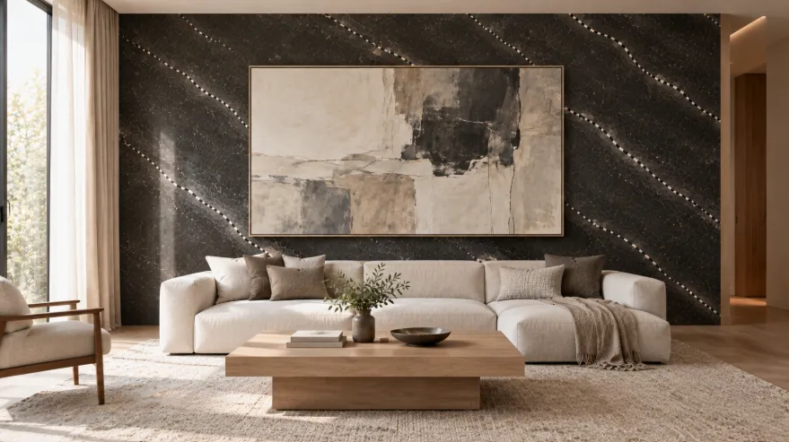 Modern living room with oversized neutral artwork mounted on a dark charcoal marble wall above a cream sofa.