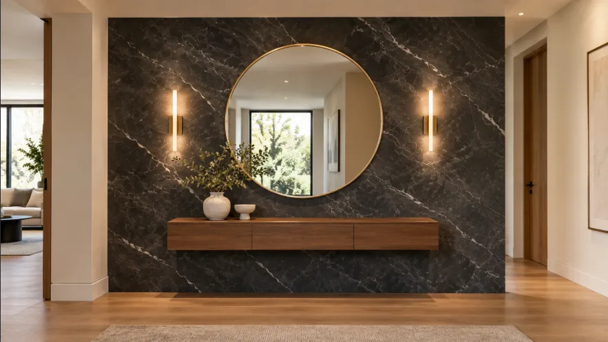  Dark charcoal marble wall panel with a large round brass-framed mirror above a floating walnut console.