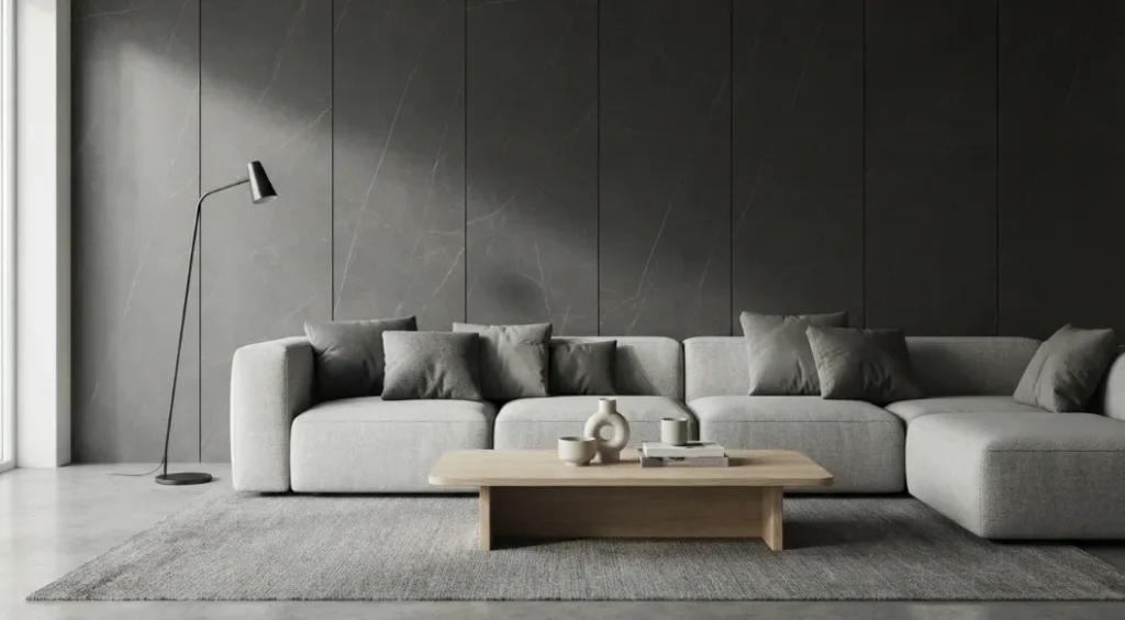Modern living room with a dark charcoal marble wall, soft grey sofa, grey rug, pale oak table, and black floor lamp.