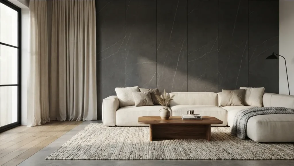 Modern living room with a dark charcoal marble wall, cream sofa, textured neutral rug, and warm walnut coffee table.