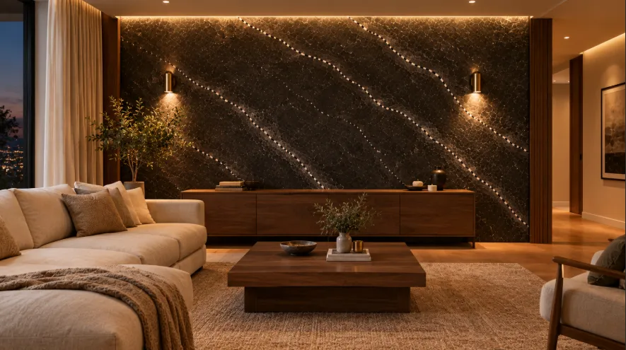 Dark charcoal marble feature wall illuminated by warm LED lighting and brass sconces behind a cream sofa.