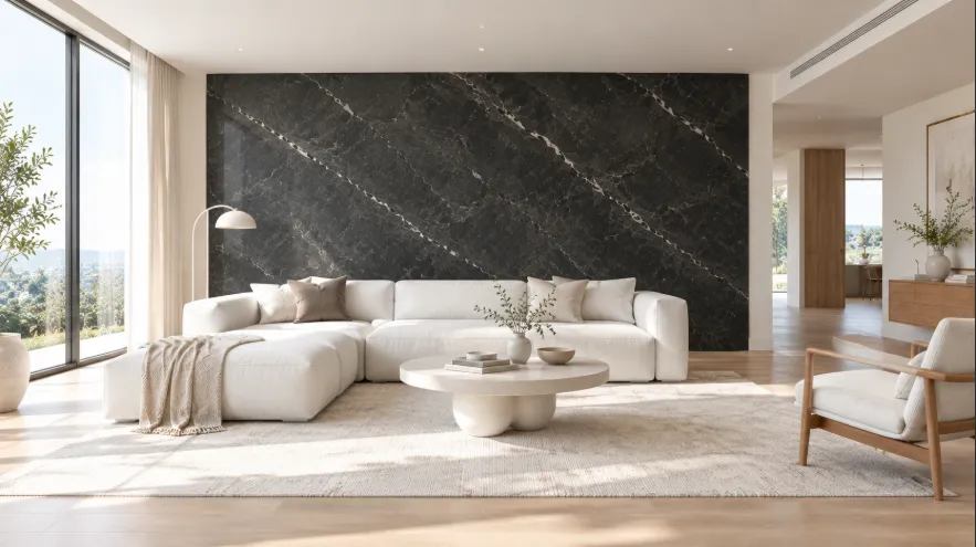  Bright modern interior with a dark charcoal marble feature wall, white sofa, white coffee table, and light oak accents.