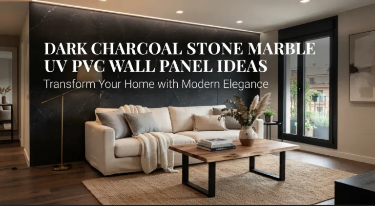 A luxurious modern living room with a prominent dark charcoal stone marble UV PVC feature wall behind a cream sofa and warm wood furniture.