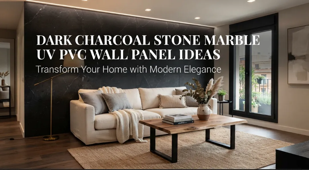 A luxurious modern living room with a prominent dark charcoal stone marble UV PVC feature wall behind a cream sofa and warm wood furniture.