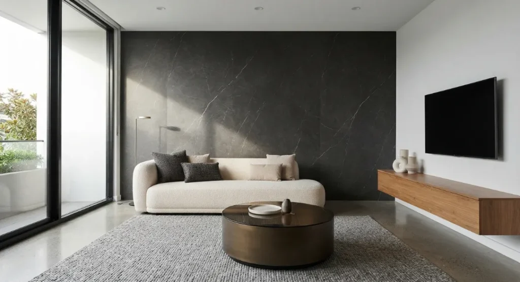 A modern living room with a dramatic floor-to-ceiling dark charcoal stone marble UV PVC wall panel behind a cream sofa and a large window.
