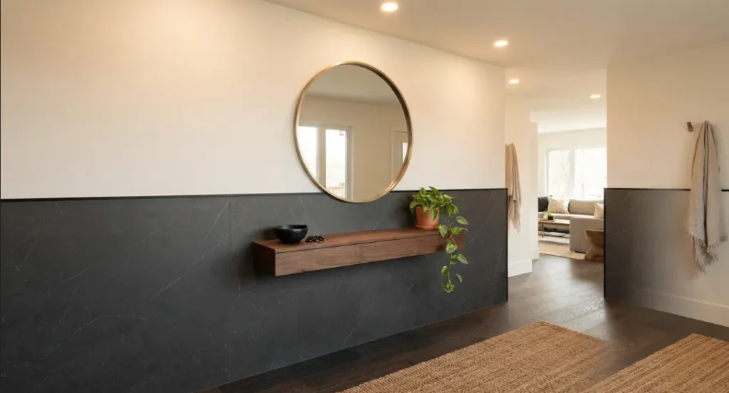 A modern entryway with a lower section of dark charcoal stone marble
UV PVC wall paneling, topped by a floating walnut shelf and a round brass-framed
mirror.

