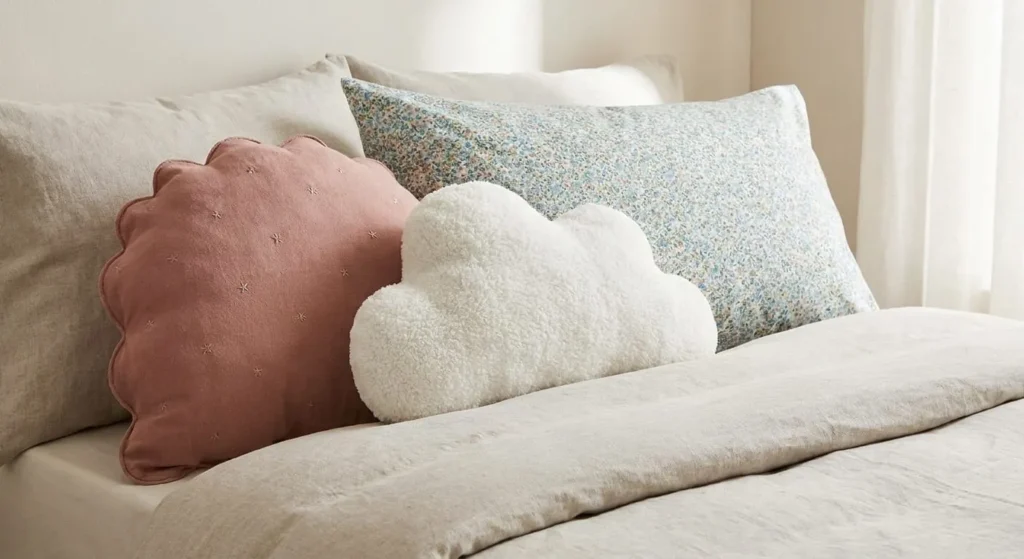 A close-up of a bed featuring oversized, playful pillows in a white cloud shape and a dusty rose scallop shape, alongside a patterned floral pillow.